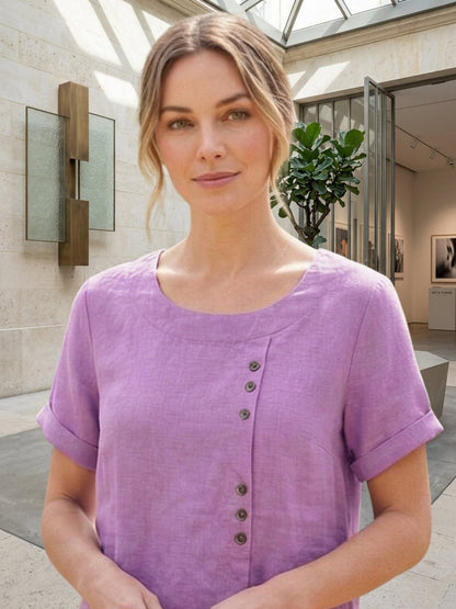 Rowena | Women's Everyday Scoop Neck Button Detail Short Sleeve Top