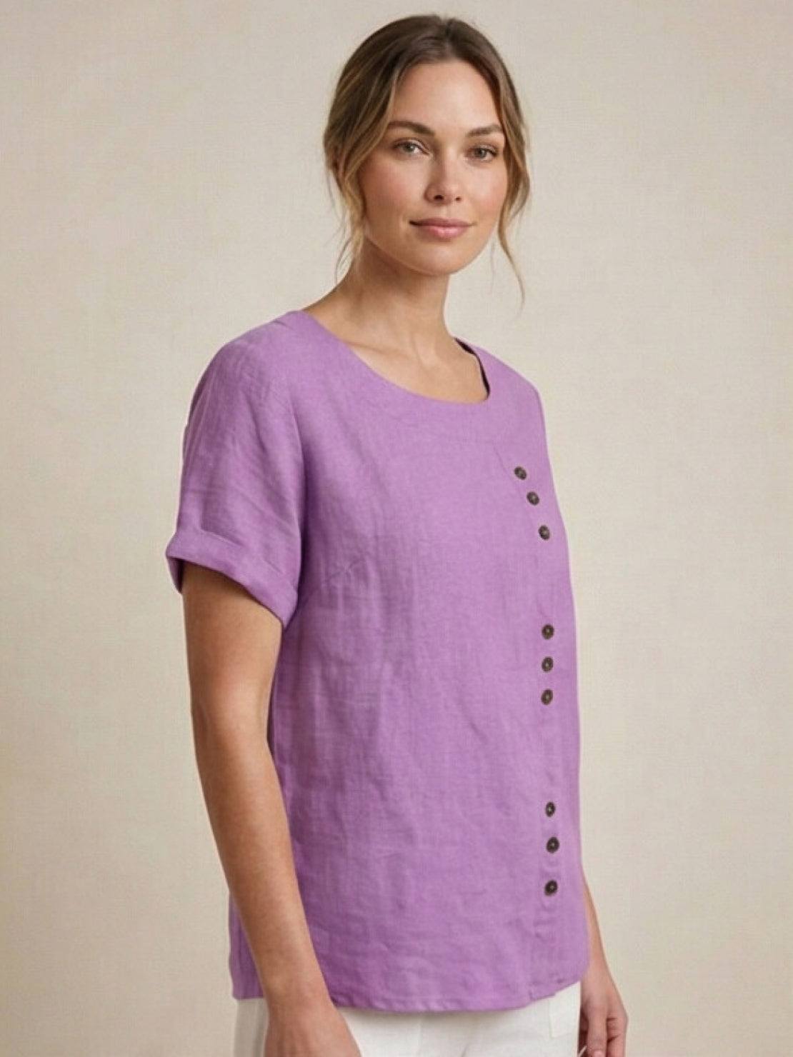 Rowena | Women's Everyday Scoop Neck Button Detail Short Sleeve Top