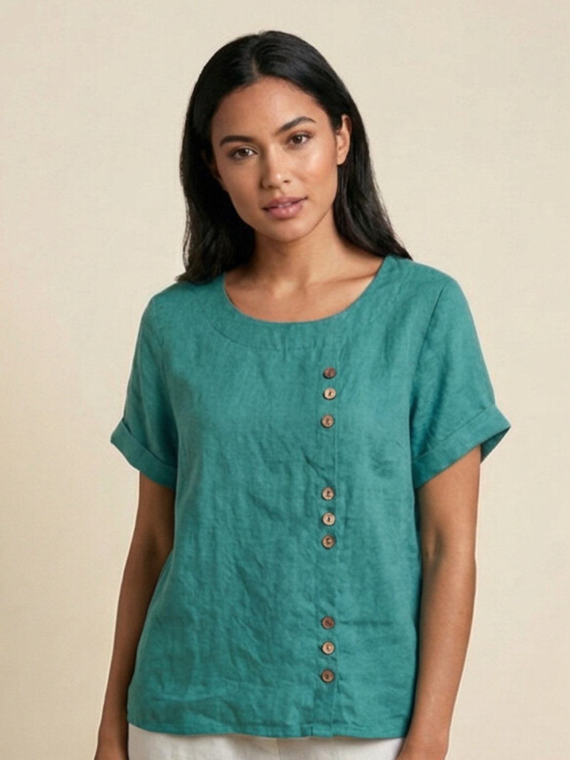 Rowena | Women's Everyday Scoop Neck Button Detail Short Sleeve Top