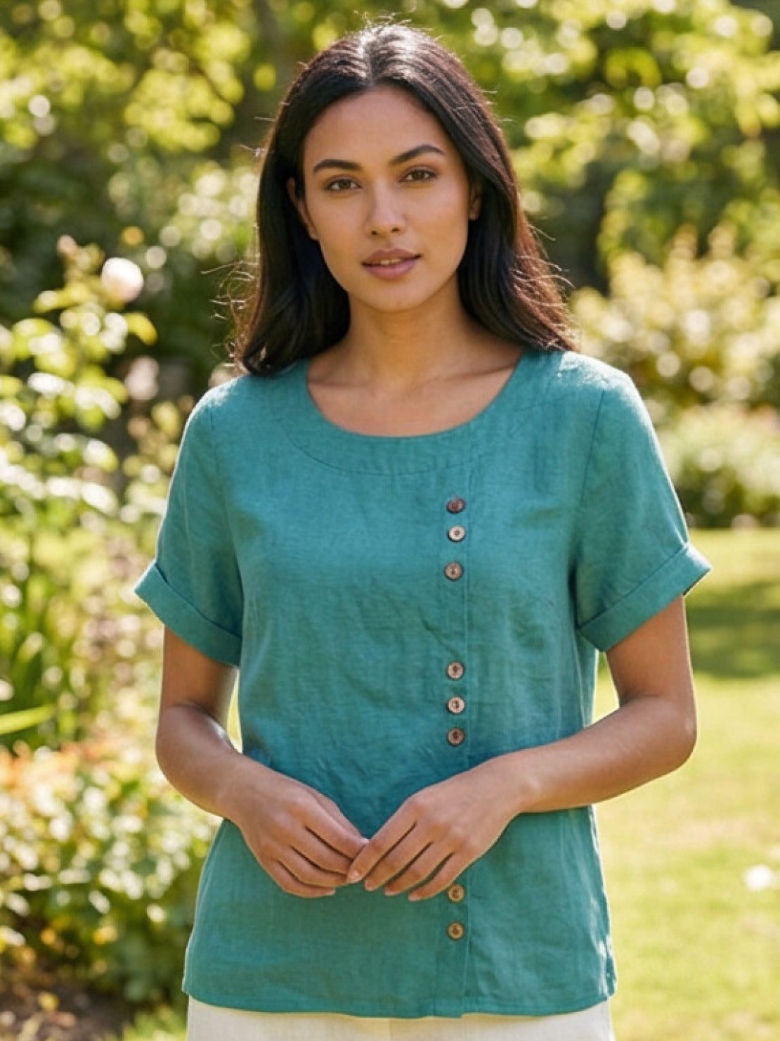 Rowena | Women's Everyday Scoop Neck Button Detail Short Sleeve Top