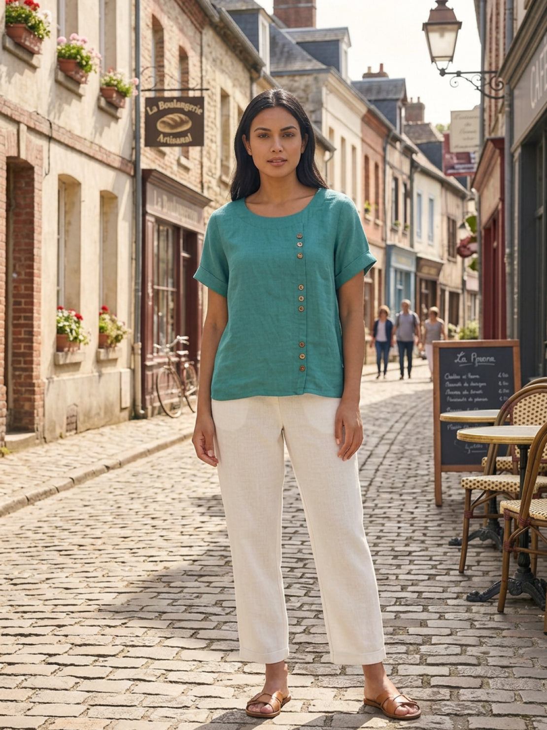 Rowena | Women's Everyday Scoop Neck Button Detail Short Sleeve Top