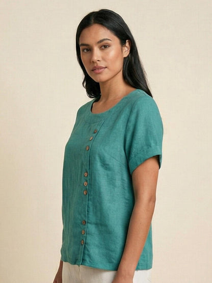 Rowena | Women's Everyday Scoop Neck Button Detail Short Sleeve Top
