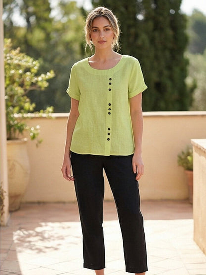 Rowena | Women's Everyday Scoop Neck Button Detail Short Sleeve Top