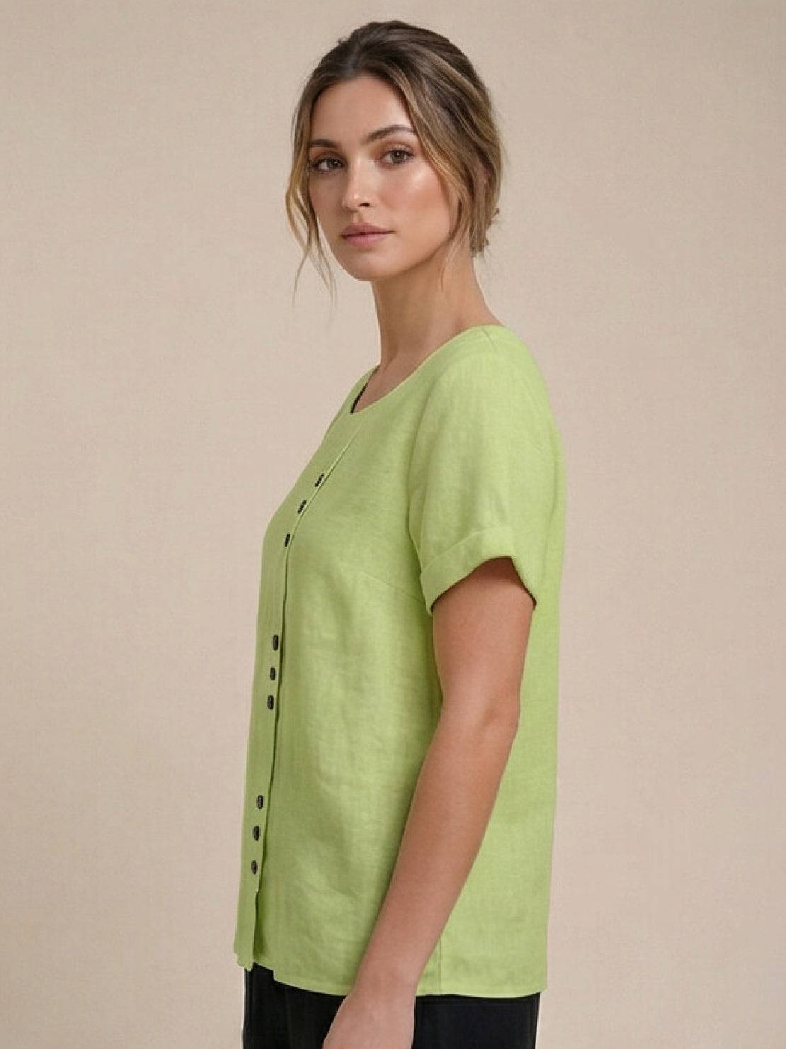 Rowena | Women's Everyday Scoop Neck Button Detail Short Sleeve Top