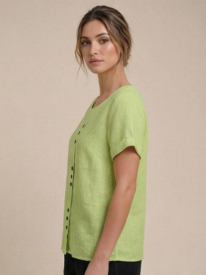 Rowena | Women's Everyday Scoop Neck Button Detail Short Sleeve Top