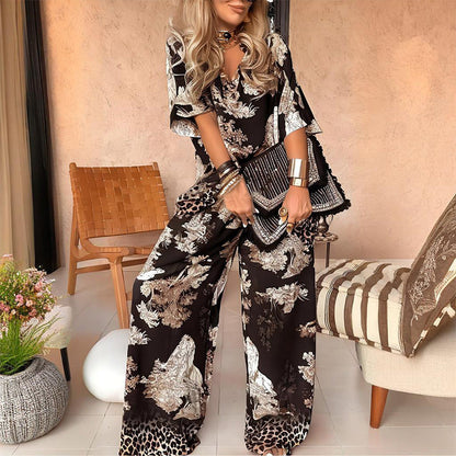 Amber | Long Pants & Printed V-Neck Top Set