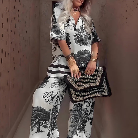 Amber | Long Pants & Printed V-Neck Top Set