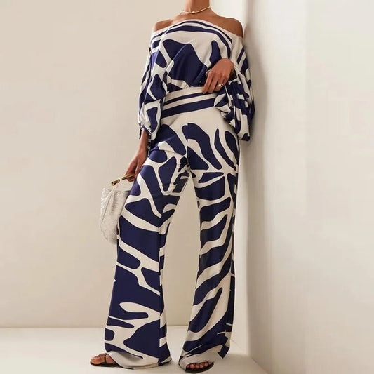 Imogen | Women's Printed Two Piece Set Off Shoulder Top Wide Leg Pants
