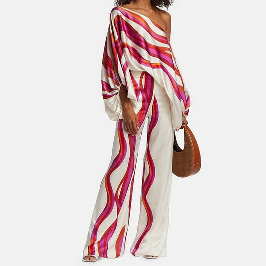 Imogen | Women's Printed Two Piece Set Off Shoulder Top Wide Leg Pants